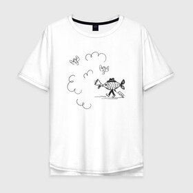 Мужская футболка хлопок Oversize с принтом Absurd 8 в Санкт-Петербурге, 100% хлопок | свободный крой, круглый ворот, “спинка” длиннее передней части | графика | звук | иллюстрация | облака | рисунок | рупор | рыба | ушки | черно белый | шляпа | юмор