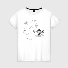 Женская футболка хлопок с принтом Absurd 8 в Санкт-Петербурге, 100% хлопок | прямой крой, круглый вырез горловины, длина до линии бедер, слегка спущенное плечо | графика | звук | иллюстрация | облака | рисунок | рупор | рыба | ушки | черно белый | шляпа | юмор