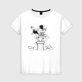 Женская футболка хлопок с принтом Absurd 10 в Санкт-Петербурге, 100% хлопок | прямой крой, круглый вырез горловины, длина до линии бедер, слегка спущенное плечо | графика | иллюстрация | кирпичи | кладка | кубики | рисунок | рука | стена | строитель | стройка | черно белый