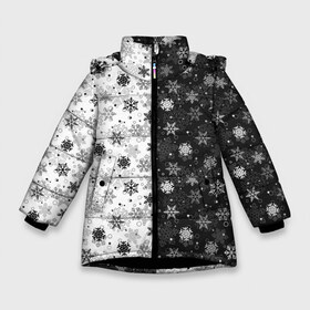 Зимняя куртка для девочек 3D с принтом Чёрно-Белые Снежинки в Санкт-Петербурге, ткань верха — 100% полиэстер; подклад — 100% полиэстер, утеплитель — 100% полиэстер. | длина ниже бедра, удлиненная спинка, воротник стойка и отстегивающийся капюшон. Есть боковые карманы с листочкой на кнопках, утяжки по низу изделия и внутренний карман на молнии. 

Предусмотрены светоотражающий принт на спинке, радужный светоотражающий элемент на пуллере молнии и на резинке для утяжки. | Тематика изображения на принте: merry christmas | дед мороз | ёлка | зима | мороз | новый год | подарок | праздник | рождество | с новым годом | санта клаус | снег | снеговик | снегурочка | снежинки | снежные узоры | узоры
