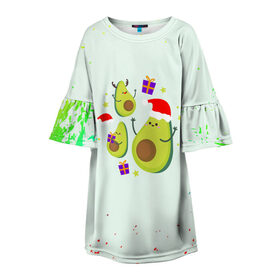 Детское платье 3D с принтом Новогодние Авокадо в Санкт-Петербурге, 100% полиэстер | прямой силуэт, чуть расширенный к низу. Круглая горловина, на рукавах — воланы | Тематика изображения на принте: авокадо | веган | еда блогеров | мемы | минимализм | прикольные картинки | прикольные надписи | растение | смешное авокадо | фрукт