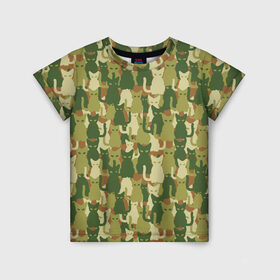 Детская футболка 3D с принтом Камуфляж из котов в Санкт-Петербурге, 100% гипоаллергенный полиэфир | прямой крой, круглый вырез горловины, длина до линии бедер, чуть спущенное плечо, ткань немного тянется | 23 февраля | армия | военная | зелень | камуфляж | листья | маскировка | паттерн | солдат | текстуры