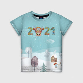 Детская футболка 3D с принтом Год быка 2021 в Санкт-Петербурге, 100% гипоаллергенный полиэфир | прямой крой, круглый вырез горловины, длина до линии бедер, чуть спущенное плечо, ткань немного тянется | 2021 | 7 января | bull | newyear | santa | бык | быки | бычок | год быка | дед мороз | корова | новогодние каникулы | новогодние праздники | новый 2021 | новый год | новый год 2021 | рождество | сани | санта | санта клаус