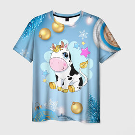 Мужская футболка 3D с принтом Милый новогодний бычок в Санкт-Петербурге, 100% полиэфир | прямой крой, круглый вырез горловины, длина до линии бедер | 2021 | 7 января | bull | newyear | santa | бык | быки | бычок | год быка | дед мороз | корова | новогодние каникулы | новогодние праздники | новый 2021 | новый год | новый год 2021 | рождество | сани | санта | санта клаус
