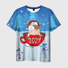 Мужская футболка 3D с принтом бык в кружке 2021 в Санкт-Петербурге, 100% полиэфир | прямой крой, круглый вырез горловины, длина до линии бедер | 2021 | 7 января | bull | newyear | santa | бык | быки | бычок | год быка | дед мороз | корова | новогодние каникулы | новогодние праздники | новый 2021 | новый год | новый год 2021 | рождество | сани | санта | санта клаус