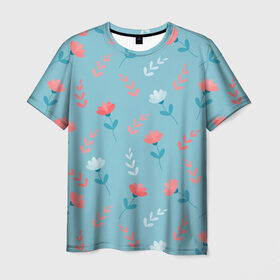 Мужская футболка 3D с принтом Цветочки и листики на голубом в Санкт-Петербурге, 100% полиэфир | прямой крой, круглый вырез горловины, длина до линии бедер | 8 марта | весна | день рождения | коралловый | лето | листики | паттерн | праздник | узор | цветочки