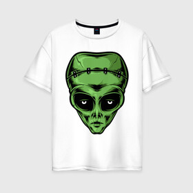 Женская футболка хлопок Oversize с принтом Alien Frankenstein в Санкт-Петербурге, 100% хлопок | свободный крой, круглый ворот, спущенный рукав, длина до линии бедер
 | alien | frankenstein | monster | zombie | зомби | инопланетянин | монстр | нло | пришелец | франкенштейн | чудовище