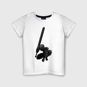 Детская футболка хлопок с принтом Berserk Guts в Санкт-Петербурге, 100% хлопок | круглый вырез горловины, полуприлегающий силуэт, длина до линии бедер | anime | armor | berserk | black | cape | guts | strong | sword | warrior | аниме | берсерк | гатс