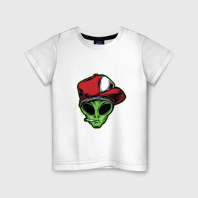 Детская футболка хлопок с принтом Alien gangster в Санкт-Петербурге, 100% хлопок | круглый вырез горловины, полуприлегающий силуэт, длина до линии бедер | Тематика изображения на принте: alien | бандит | гангстер | инопланетянин | кепка | крутой | нло | опасный | пришелец | хипстер