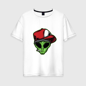 Женская футболка хлопок Oversize с принтом Alien gangster в Санкт-Петербурге, 100% хлопок | свободный крой, круглый ворот, спущенный рукав, длина до линии бедер
 | alien | бандит | гангстер | инопланетянин | кепка | крутой | нло | опасный | пришелец | хипстер