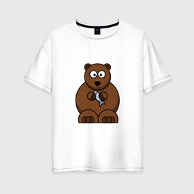 Женская футболка хлопок Oversize с принтом медведь с рыбой в Санкт-Петербурге, 100% хлопок | свободный крой, круглый ворот, спущенный рукав, длина до линии бедер
 | гризли | детские | живая | животные | звери | картинки | медведь | мультфильмы | популярные | прикольные | природа | рыба | тренды | хищники
