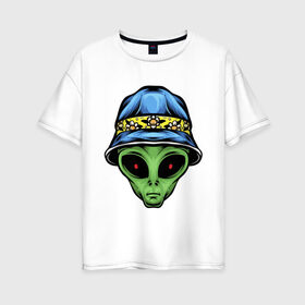 Женская футболка хлопок Oversize с принтом Alien in panama в Санкт-Петербурге, 100% хлопок | свободный крой, круглый ворот, спущенный рукав, длина до линии бедер
 | alien | инопланетянин | кепка | нло | пришелец | хипстер | шляпа