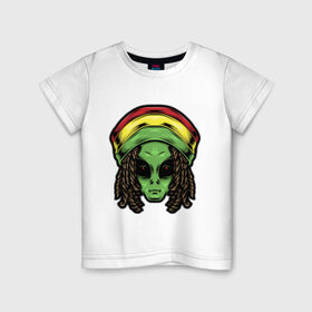 Детская футболка хлопок с принтом Reggae alien в Санкт-Петербурге, 100% хлопок | круглый вырез горловины, полуприлегающий силуэт, длина до линии бедер | alien | волосы | инопланетянин | кепка | нло | пришелец | растаман | регги | хипстер | шляпа