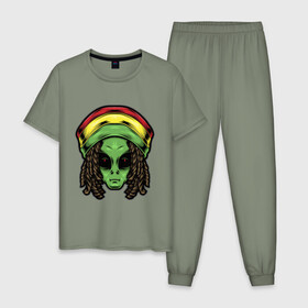 Мужская пижама хлопок с принтом Reggae alien в Санкт-Петербурге, 100% хлопок | брюки и футболка прямого кроя, без карманов, на брюках мягкая резинка на поясе и по низу штанин
 | alien | волосы | инопланетянин | кепка | нло | пришелец | растаман | регги | хипстер | шляпа
