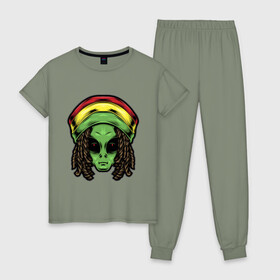 Женская пижама хлопок с принтом Reggae alien в Санкт-Петербурге, 100% хлопок | брюки и футболка прямого кроя, без карманов, на брюках мягкая резинка на поясе и по низу штанин | alien | волосы | инопланетянин | кепка | нло | пришелец | растаман | регги | хипстер | шляпа