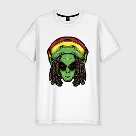 Мужская футболка хлопок Slim с принтом Reggae alien в Санкт-Петербурге, 92% хлопок, 8% лайкра | приталенный силуэт, круглый вырез ворота, длина до линии бедра, короткий рукав | alien | волосы | инопланетянин | кепка | нло | пришелец | растаман | регги | хипстер | шляпа