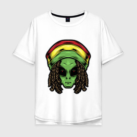 Мужская футболка хлопок Oversize с принтом Reggae alien в Санкт-Петербурге, 100% хлопок | свободный крой, круглый ворот, “спинка” длиннее передней части | alien | волосы | инопланетянин | кепка | нло | пришелец | растаман | регги | хипстер | шляпа