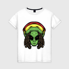 Женская футболка хлопок с принтом Reggae alien в Санкт-Петербурге, 100% хлопок | прямой крой, круглый вырез горловины, длина до линии бедер, слегка спущенное плечо | alien | волосы | инопланетянин | кепка | нло | пришелец | растаман | регги | хипстер | шляпа
