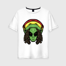 Женская футболка хлопок Oversize с принтом Reggae alien в Санкт-Петербурге, 100% хлопок | свободный крой, круглый ворот, спущенный рукав, длина до линии бедер
 | Тематика изображения на принте: alien | волосы | инопланетянин | кепка | нло | пришелец | растаман | регги | хипстер | шляпа