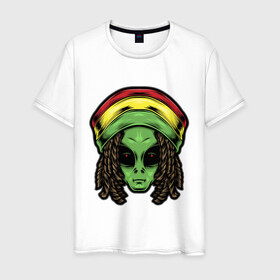 Мужская футболка хлопок с принтом Reggae alien в Санкт-Петербурге, 100% хлопок | прямой крой, круглый вырез горловины, длина до линии бедер, слегка спущенное плечо. | Тематика изображения на принте: alien | волосы | инопланетянин | кепка | нло | пришелец | растаман | регги | хипстер | шляпа