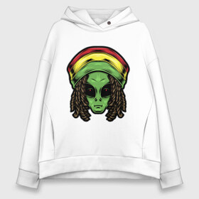 Женское худи Oversize хлопок с принтом Reggae alien в Санкт-Петербурге, френч-терри — 70% хлопок, 30% полиэстер. Мягкий теплый начес внутри —100% хлопок | боковые карманы, эластичные манжеты и нижняя кромка, капюшон на магнитной кнопке | Тематика изображения на принте: alien | волосы | инопланетянин | кепка | нло | пришелец | растаман | регги | хипстер | шляпа