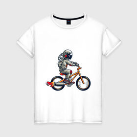 Женская футболка хлопок с принтом Астронавт на велосипеде в Санкт-Петербурге, 100% хлопок | прямой крой, круглый вырез горловины, длина до линии бедер, слегка спущенное плечо | Тематика изображения на принте: астронавт | велосипед | космонавт | космос | костюм | ракеты | скафандр | хипстер | шлем