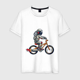 Мужская футболка хлопок с принтом Астронавт на велосипеде в Санкт-Петербурге, 100% хлопок | прямой крой, круглый вырез горловины, длина до линии бедер, слегка спущенное плечо. | астронавт | велосипед | космонавт | космос | костюм | ракеты | скафандр | хипстер | шлем
