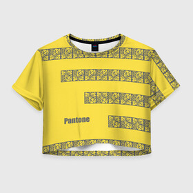 Женская футболка Crop-top 3D с принтом Узор Pantone 2021 в Санкт-Петербурге, 100% полиэстер | круглая горловина, длина футболки до линии талии, рукава с отворотами | abstraction | colors of the year | illuminating | leaves | stripes | texture | ultimate grey | абстракция | листья | полосы | текстура | цвета года