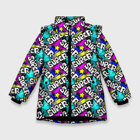 Зимняя куртка для девочек 3D с принтом Граффити(SUPER) в Санкт-Петербурге, ткань верха — 100% полиэстер; подклад — 100% полиэстер, утеплитель — 100% полиэстер. | длина ниже бедра, удлиненная спинка, воротник стойка и отстегивающийся капюшон. Есть боковые карманы с листочкой на кнопках, утяжки по низу изделия и внутренний карман на молнии. 

Предусмотрены светоотражающий принт на спинке, радужный светоотражающий элемент на пуллере молнии и на резинке для утяжки. | высказывание | граффити | детская | идея | манера | мемы | монстры | разные | рисунок | символ
