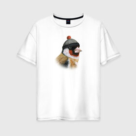 Женская футболка хлопок Oversize с принтом Щегол в Санкт-Петербурге, 100% хлопок | свободный крой, круглый ворот, спущенный рукав, длина до линии бедер
 | животные | пастель | птицы | птицы в шляпах | рисунок | шапка с помпоном | щегол