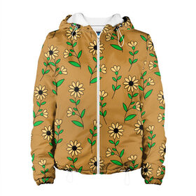 Женская куртка 3D с принтом Цветочки на темно желтом фоне в Санкт-Петербурге, ткань верха — 100% полиэстер, подклад — флис | прямой крой, подол и капюшон оформлены резинкой с фиксаторами, два кармана без застежек по бокам, один большой потайной карман на груди. Карман на груди застегивается на липучку | 8 марта | весна | день рождения | желтый | зеленый | лето | листья | орнамент | паттерн | праздник | природа | растения | узор | цветы | черный