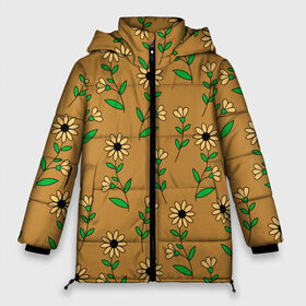 Женская зимняя куртка 3D с принтом Цветочки на темно желтом фоне в Санкт-Петербурге, верх — 100% полиэстер; подкладка — 100% полиэстер; утеплитель — 100% полиэстер | длина ниже бедра, силуэт Оверсайз. Есть воротник-стойка, отстегивающийся капюшон и ветрозащитная планка. 

Боковые карманы с листочкой на кнопках и внутренний карман на молнии | 8 марта | весна | день рождения | желтый | зеленый | лето | листья | орнамент | паттерн | праздник | природа | растения | узор | цветы | черный