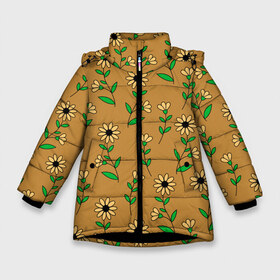 Зимняя куртка для девочек 3D с принтом Цветочки на темно желтом фоне в Санкт-Петербурге, ткань верха — 100% полиэстер; подклад — 100% полиэстер, утеплитель — 100% полиэстер. | длина ниже бедра, удлиненная спинка, воротник стойка и отстегивающийся капюшон. Есть боковые карманы с листочкой на кнопках, утяжки по низу изделия и внутренний карман на молнии. 

Предусмотрены светоотражающий принт на спинке, радужный светоотражающий элемент на пуллере молнии и на резинке для утяжки. | 8 марта | весна | день рождения | желтый | зеленый | лето | листья | орнамент | паттерн | праздник | природа | растения | узор | цветы | черный