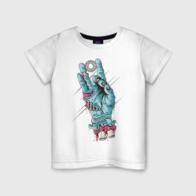 Детская футболка хлопок с принтом Zombie hand в Санкт-Петербурге, 100% хлопок | круглый вырез горловины, полуприлегающий силуэт, длина до линии бедер | Тематика изображения на принте: peace | зомби | кисть | кости | мир | пальцы | рука | хипстер