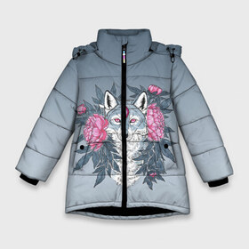 Зимняя куртка для девочек 3D с принтом Тотем волка и цветы в Санкт-Петербурге, ткань верха — 100% полиэстер; подклад — 100% полиэстер, утеплитель — 100% полиэстер. | длина ниже бедра, удлиненная спинка, воротник стойка и отстегивающийся капюшон. Есть боковые карманы с листочкой на кнопках, утяжки по низу изделия и внутренний карман на молнии. 

Предусмотрены светоотражающий принт на спинке, радужный светоотражающий элемент на пуллере молнии и на резинке для утяжки. | Тематика изображения на принте: арт | вектор | внутренний | волк | волчара | волченок | волчица | животные | звери | листья | пионы | природа | рисунок | тотем | третий глаз | цветы