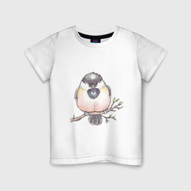 Детская футболка хлопок с принтом Милый пухлый птенчик в Санкт-Петербурге, 100% хлопок | круглый вырез горловины, полуприлегающий силуэт, длина до линии бедер | акварель | акварельный | арт | ветка | воробей | грудка | клюв | милый | птенец | птица | птичка | пухлый | рисунок | синица | снегирь