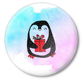 Значок с принтом Милый пингвин с подарком в Санкт-Петербурге,  металл | круглая форма, металлическая застежка в виде булавки | Тематика изображения на принте: 