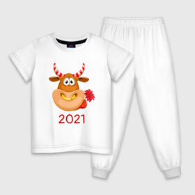 Детская пижама хлопок с принтом Милый бык с цветочком в Санкт-Петербурге, 100% хлопок |  брюки и футболка прямого кроя, без карманов, на брюках мягкая резинка на поясе и по низу штанин
 | 