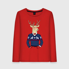 Женский лонгслив хлопок с принтом Hipster Deer в Санкт-Петербурге, 100% хлопок |  | 2021 | happy | new year | дед мороз | елка | клаус | нг | новый год | носок | олени | очки | подарок | полосы | рождество | с | санта | свитер | снег | снеговик | снежинка | узор | хипстер