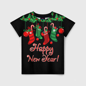 Детская футболка 3D с принтом Happy New Year! в Санкт-Петербурге, 100% гипоаллергенный полиэфир | прямой крой, круглый вырез горловины, длина до линии бедер, чуть спущенное плечо, ткань немного тянется | 2020 | 2021 | happy | new year | быка | гирлянда | дед мороз | елка | зеленый | игрушка | клаус | конфеты | нг | новый год | носок | перчатка | печенье | подарок | полосы | пряник | рождество | с | санта | сладости | снег