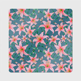 Магнит виниловый Квадрат с принтом Лилии на сером фоне в Санкт-Петербурге, полимерный материал с магнитным слоем | размер 9*9 см, закругленные углы | 8 марта | весна | зеленый | лилии | праздник | природа | растения | розовый | серый | цветы
