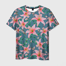 Мужская футболка 3D с принтом Лилии на сером фоне в Санкт-Петербурге, 100% полиэфир | прямой крой, круглый вырез горловины, длина до линии бедер | 8 марта | весна | зеленый | лилии | праздник | природа | растения | розовый | серый | цветы