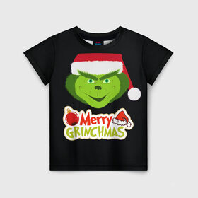 Детская футболка 3D с принтом Merry Grinchmas в Санкт-Петербурге, 100% гипоаллергенный полиэфир | прямой крой, круглый вырез горловины, длина до линии бедер, чуть спущенное плечо, ткань немного тянется | 2020 | 2021 | grinch | белая | год | гринч | елка | женская | зеленый | красная | мужская | мультфильм | надпись | нг | новый | подарок | полосы | праздник | рождества | свитер | сердце | смайл | фильм | шапка