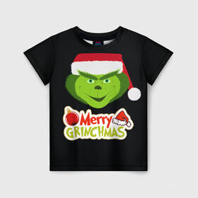 Детская футболка 3D с принтом Merry Grinchmas в Санкт-Петербурге, 100% гипоаллергенный полиэфир | прямой крой, круглый вырез горловины, длина до линии бедер, чуть спущенное плечо, ткань немного тянется | Тематика изображения на принте: 2020 | 2021 | grinch | белая | год | гринч | елка | женская | зеленый | красная | мужская | мультфильм | надпись | нг | новый | подарок | полосы | праздник | рождества | свитер | сердце | смайл | фильм | шапка