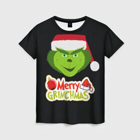 Женская футболка 3D с принтом Merry Grinchmas в Санкт-Петербурге, 100% полиэфир ( синтетическое хлопкоподобное полотно) | прямой крой, круглый вырез горловины, длина до линии бедер | Тематика изображения на принте: 2020 | 2021 | grinch | белая | год | гринч | елка | женская | зеленый | красная | мужская | мультфильм | надпись | нг | новый | подарок | полосы | праздник | рождества | свитер | сердце | смайл | фильм | шапка