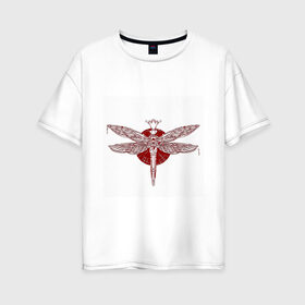 Женская футболка хлопок Oversize с принтом Стрекоза в Санкт-Петербурге, 100% хлопок | свободный крой, круглый ворот, спущенный рукав, длина до линии бедер
 | dragonfly | красный | круг | крылья | стрекоза