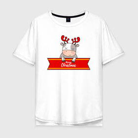 Мужская футболка хлопок Oversize с принтом Новогодний бык-олень в Санкт-Петербурге, 100% хлопок | свободный крой, круглый ворот, “спинка” длиннее передней части | 