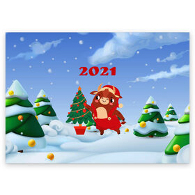 Поздравительная открытка с принтом Бык наряжает елочку в Санкт-Петербурге, 100% бумага | плотность бумаги 280 г/м2, матовая, на обратной стороне линовка и место для марки
 | 2021 | 7 января | bull | newyear | santa | бык | бычок | год быка | дед мороз | корова | новогодние каникулы | новогодние праздники | новый 2021 | новый год | новый год 2021 | рождество | сани | санта | санта клаус