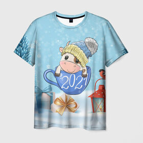 Мужская футболка 3D с принтом Милый бычок в кружке 2021 в Санкт-Петербурге, 100% полиэфир | прямой крой, круглый вырез горловины, длина до линии бедер | 2021 | 7 января | bull | newyear | santa | бык | быки | бычок | год быка | дед мороз | корова | новогодние каникулы | новогодние праздники | новый 2021 | новый год | новый год 2021 | рождество | сани | санта | санта клаус