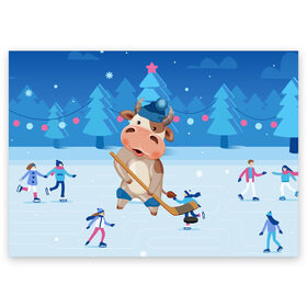 Поздравительная открытка с принтом Бык играет в хоккей в Санкт-Петербурге, 100% бумага | плотность бумаги 280 г/м2, матовая, на обратной стороне линовка и место для марки
 | 2021 | 7 января | bull | newyear | santa | бык | быки | бычок | год быка | дед мороз | корова | новогодние каникулы | новогодние праздники | новый 2021 | новый год | новый год 2021 | рождество | сани | санта | санта клаус